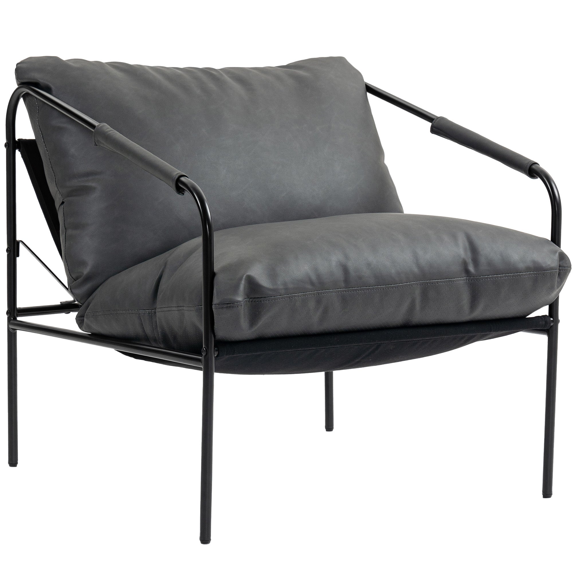 Fotoliu de Living din Piele PU și Cadru Metalic cu Perne Groase, 74,5x75x77 cm, Gri Cărbune
