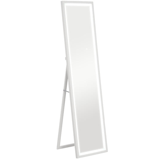Oglindă iluminată cu lumini LED reglabile și buton tactil, din sticlă și MDF, 40x5x160 cm, albă