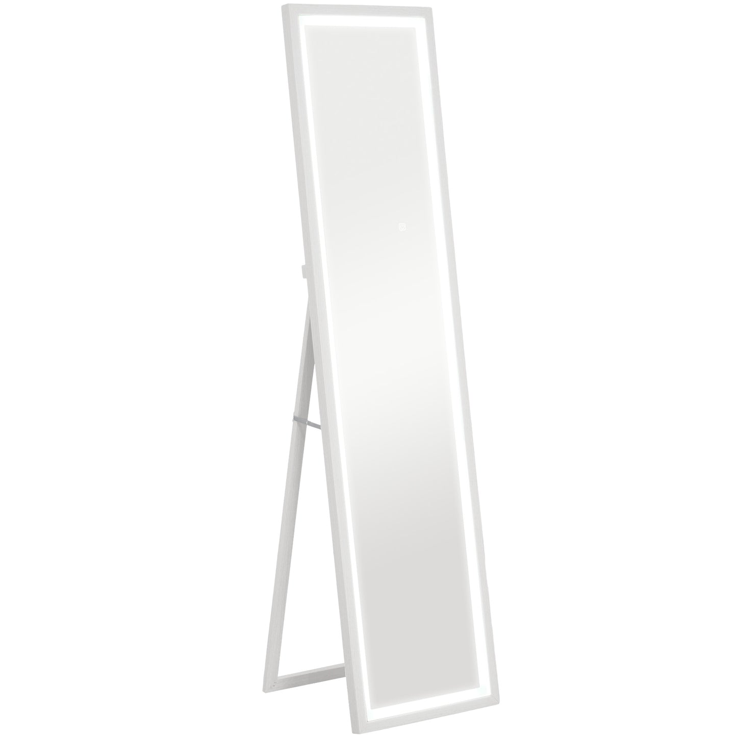Oglindă iluminată cu lumini LED reglabile și buton tactil, din sticlă și MDF, 40x5x160 cm, albă