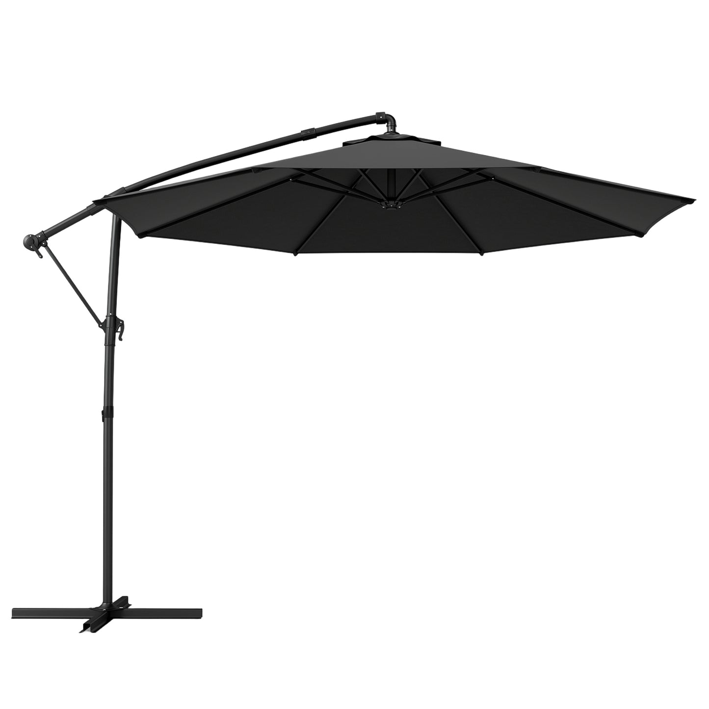 Umbrelă de Grădină Suspendată 3x3m cu Baldachin Reglabil, Bază în Cruce, Ventilație, Manivelă, Umbrelă Decentralizată Înclinabilă din Metal și Poliester, pentru Curte Terasă, Negru