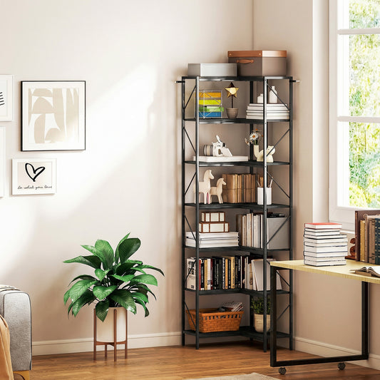 Bibliotecă Colțar cu 7 Rafturi, Stil Industrial, Efect Lemn Negru