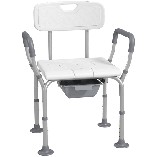 Scaun de Dus 3 in 1 cu Spatar si Brate, Toaleta langa Pat cu Inaltime Reglabila, Scaun de Toaleta Ridicat cu Placuta de Picior  pentru Seniori, Femei Insarcinate, Persoane cu Dizabilitati, Alb
