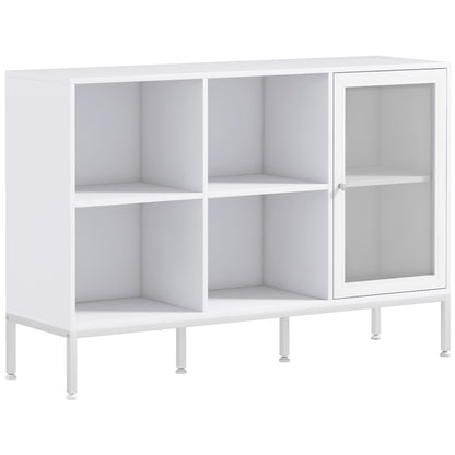 Bufet Mobil cu 4 Rafturi Deschise și Dulap, din PAL și Oțel, 120x37x81.5 cm, Alb