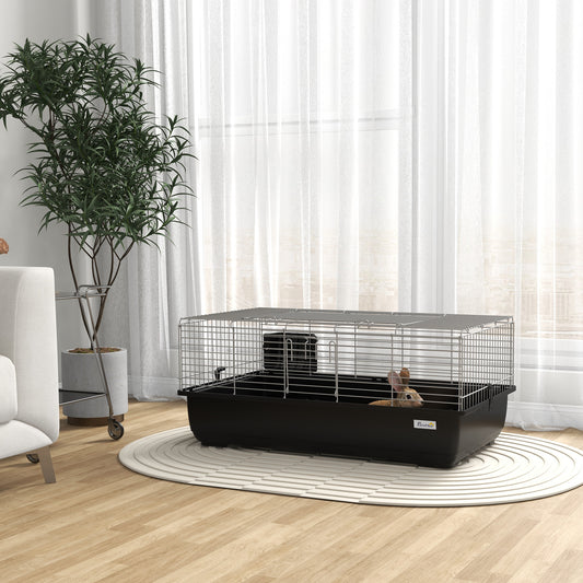 Cușcă pentru Iepuri cu 2 Deschideri și Tavă Detașabilă, Cușcă pentru Rozatoare din Metal și Plastic, 100x55x41 cm, Negru