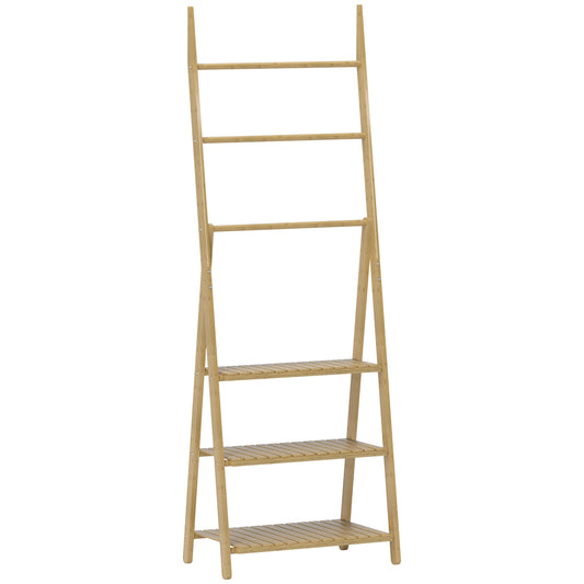 Raft de Baie Pliabil pentru Prosoape cu 3 Rafturi și 3 Bare,  53,5x30x153 cm, Lemn Natural