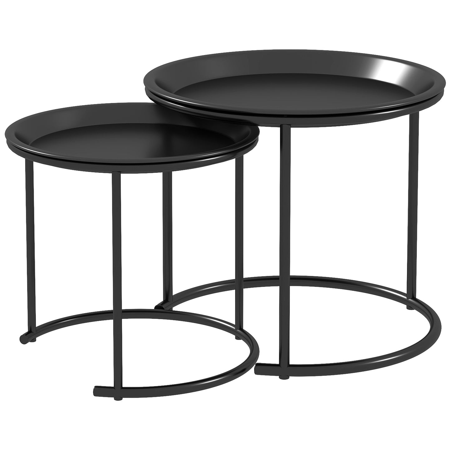 Set 2 Măsuțe de Cafea Suprapozabile Rotunde cu Tăvi Detașabile din Oțel, Negru