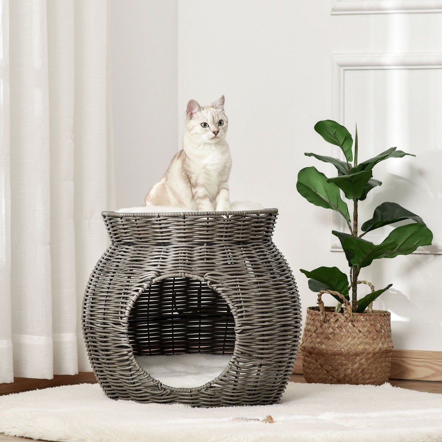 Cos pentru Pisici din rattan PE cu 2 Niveluri cu Perne de Plus Lavabile, Φ50x43.5cm - Gri Inchis