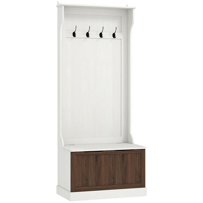 Dulap de Haine 3 în 1 cu 4 Cârlige și Bancă cu Spațiu de Depozitare, din Lemn, 71.5x39.5x170 cm, Alb
