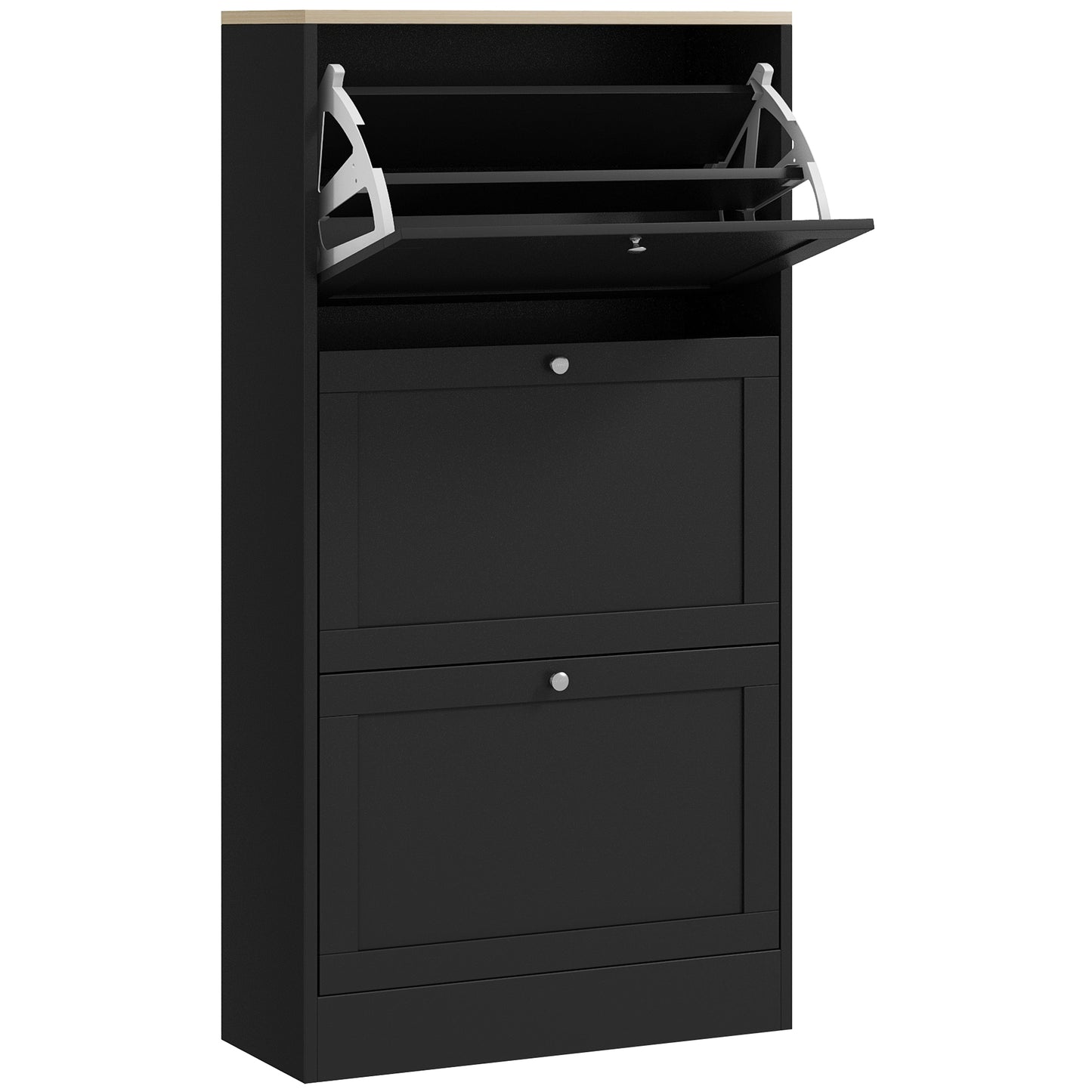 Dulap pentru pantofi economisitor de spațiu, cu 3 sertare și rafturi reglabile pe 2 niveluri, din lemn, 60x23,5x115 cm, negru