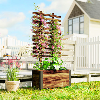 Jardinieră cu spalier pentru plante cățărătoare și roți, din lemn de brad, 65x31x147 cm, maro