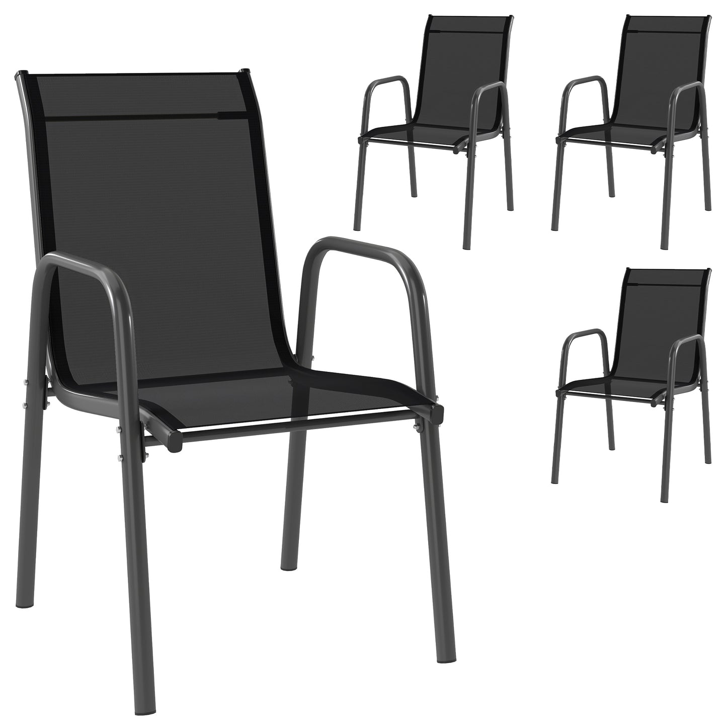 Set 4 Scaune Empilabile și Respirabile cu Spătar Înalt și Cotiere, din Metal și Poliester, 51L x 69P x 87Î cm, Negru