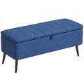 Pouf de 102 cm cu Spațiu de Depozitare, Material Textil cu Efect de In, Bancă pentru Dormitor și Living, Picioare din Oțel, Albastru Închis
