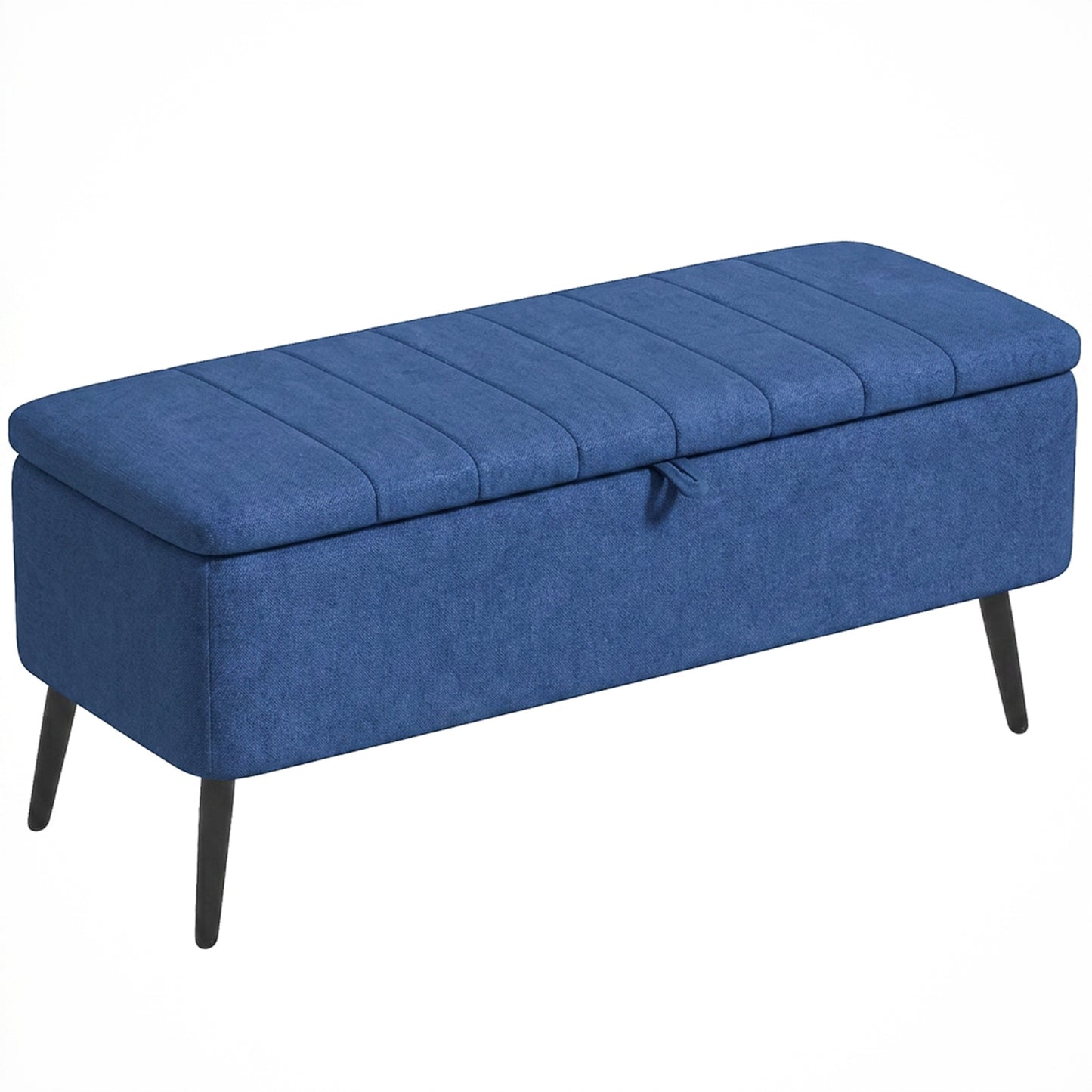Pouf de 102 cm cu Spațiu de Depozitare, Material Textil cu Efect de In, Bancă pentru Dormitor și Living, Picioare din Oțel, Albastru Închis