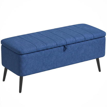 Pouf de 102 cm cu Spațiu de Depozitare, Material Textil cu Efect de In, Bancă pentru Dormitor și Living, Picioare din Oțel, Albastru Închis