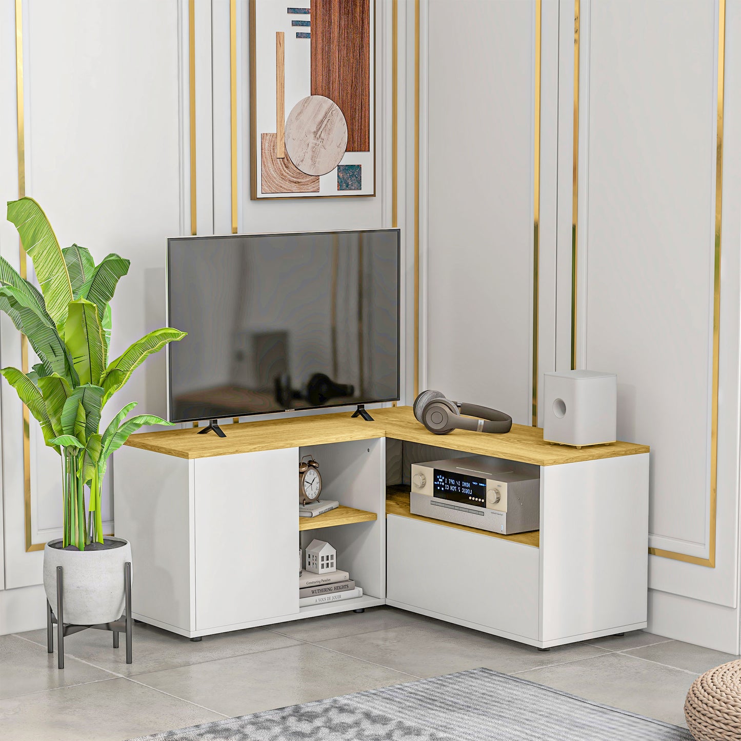 Dulap TV in Forma L – 90×90×45 cm cu Rafturi si Dulapuri