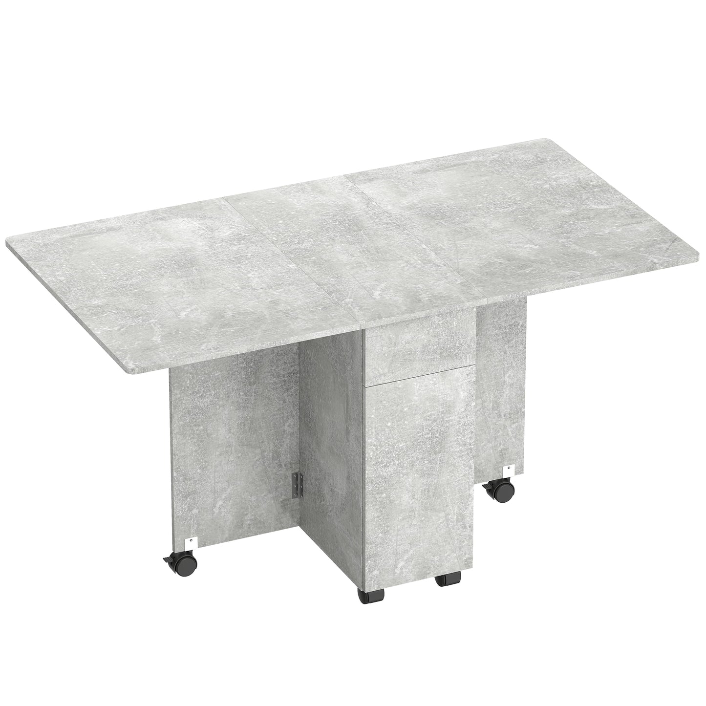 Masă de Bucătărie Pliabilă pe Roți cu 2 Sertare, 2 Uși și Dulap, din Lemn, 140x76x74 cm, Gri Ciment