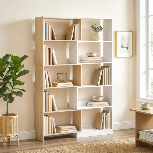 Bibliotecă de Colț cu 5 Polițe, Design Rotativ 350°, Lemn/Alb