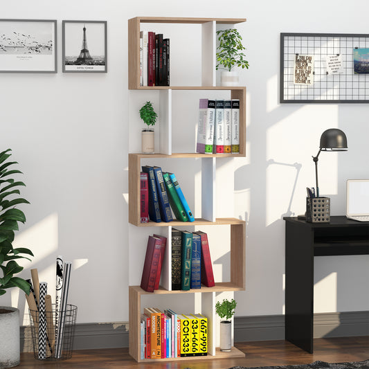 Bibliotecă de Perete Modernă cu 5 Rafturi, Design Vertical din Lemn, 60x24x184.5 cm, Alb