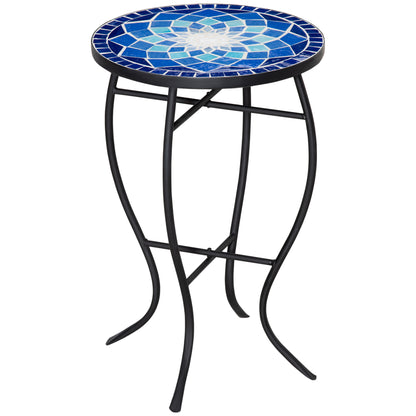 Masuta de Gradina Rotunda din Metal  cu Blat din Ceramica, Ф35,5x53,5 cm, Albastru si Alb