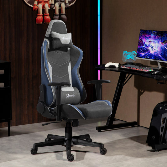 Scaun de Gaming Reclinabil la 150° cu Funcție de Legănare, din Țesătură cu Aspect de In, 66x53x128-138 cm, Gri