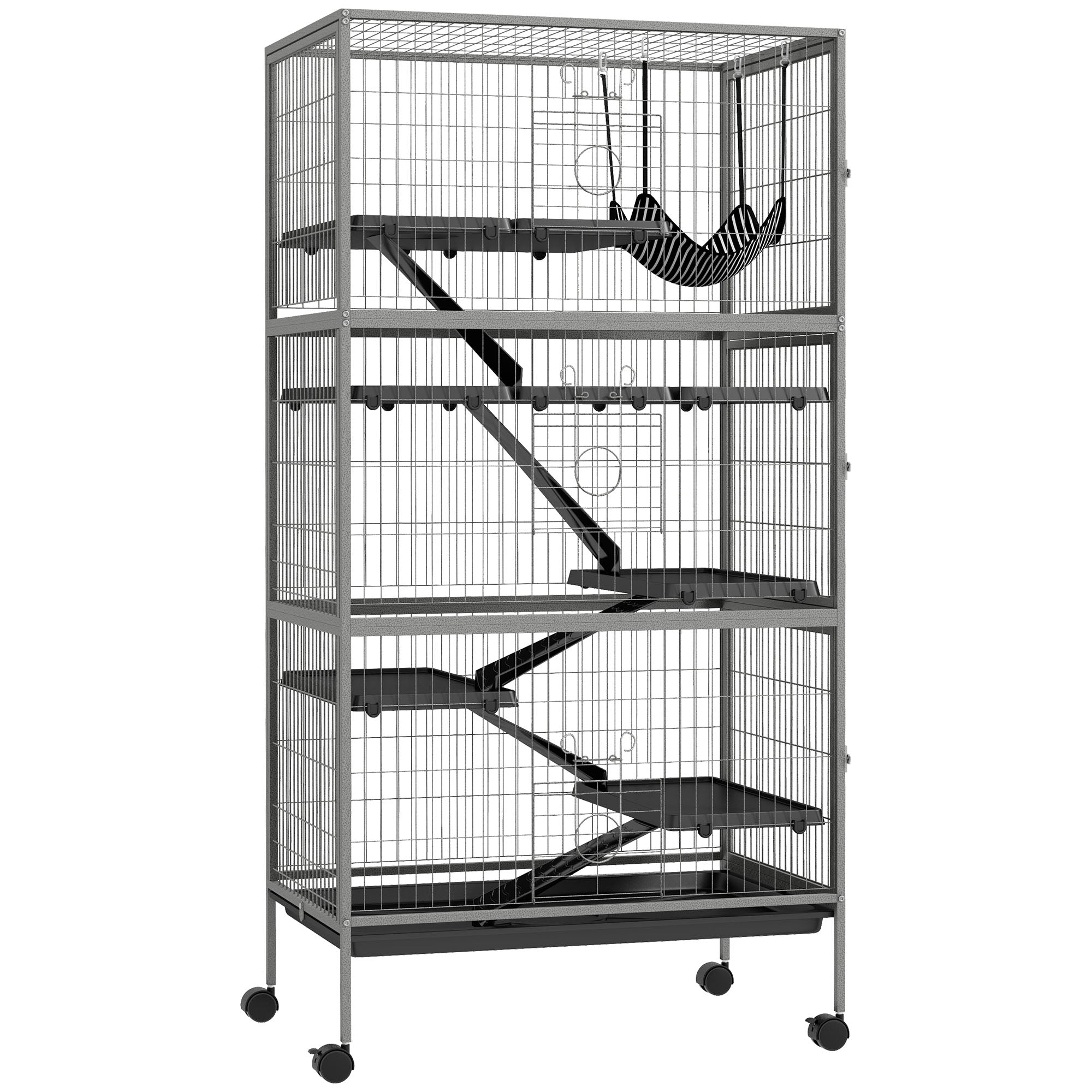 Cușcă pentru Iepuri cu 4 Intrări pe Niveluri Multiple cu Hamac, din Oțel și PP, 80x52x159 cm