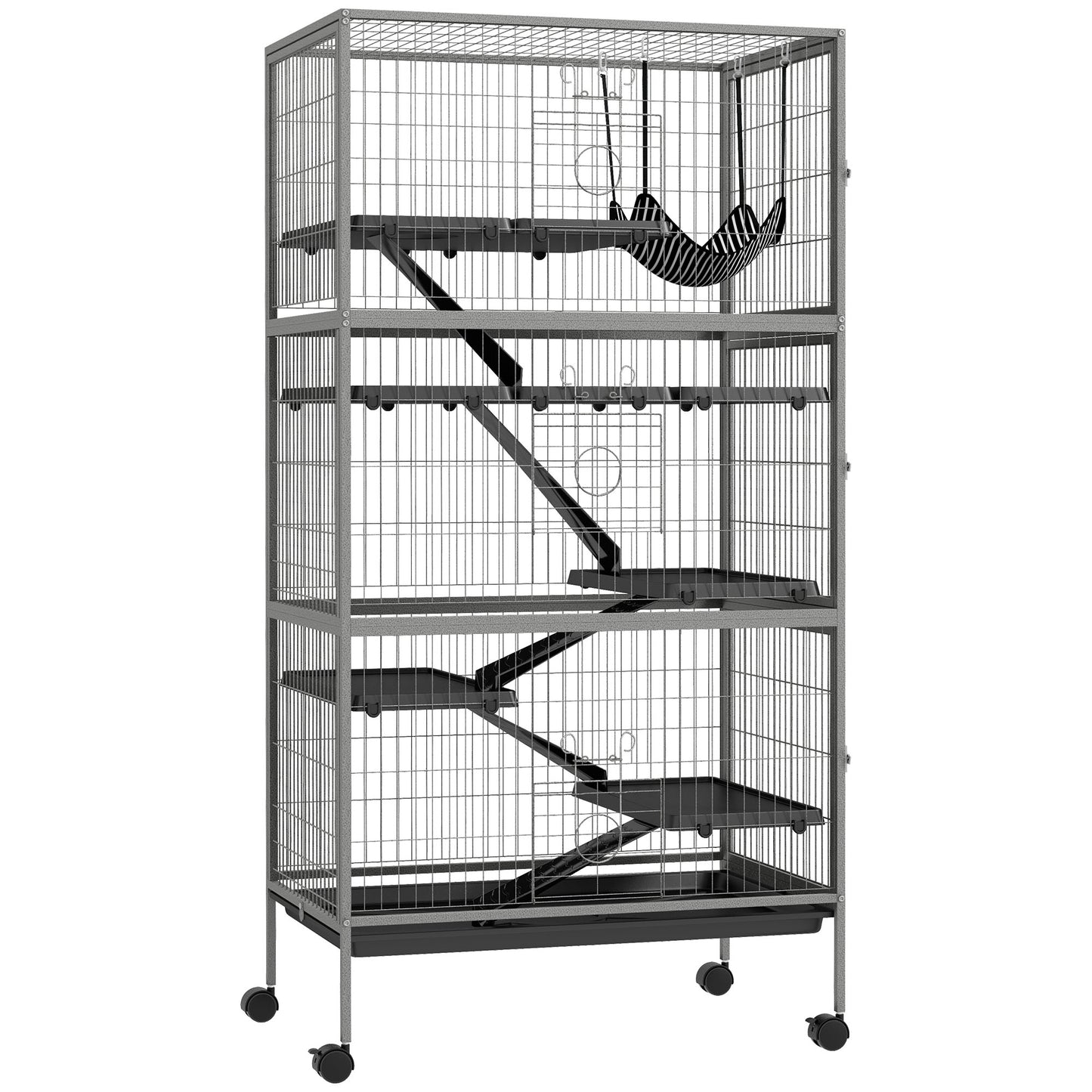Cușcă pentru Iepuri cu 4 Intrări pe Niveluri Multiple cu Hamac, din Oțel și PP, 80x52x159 cm