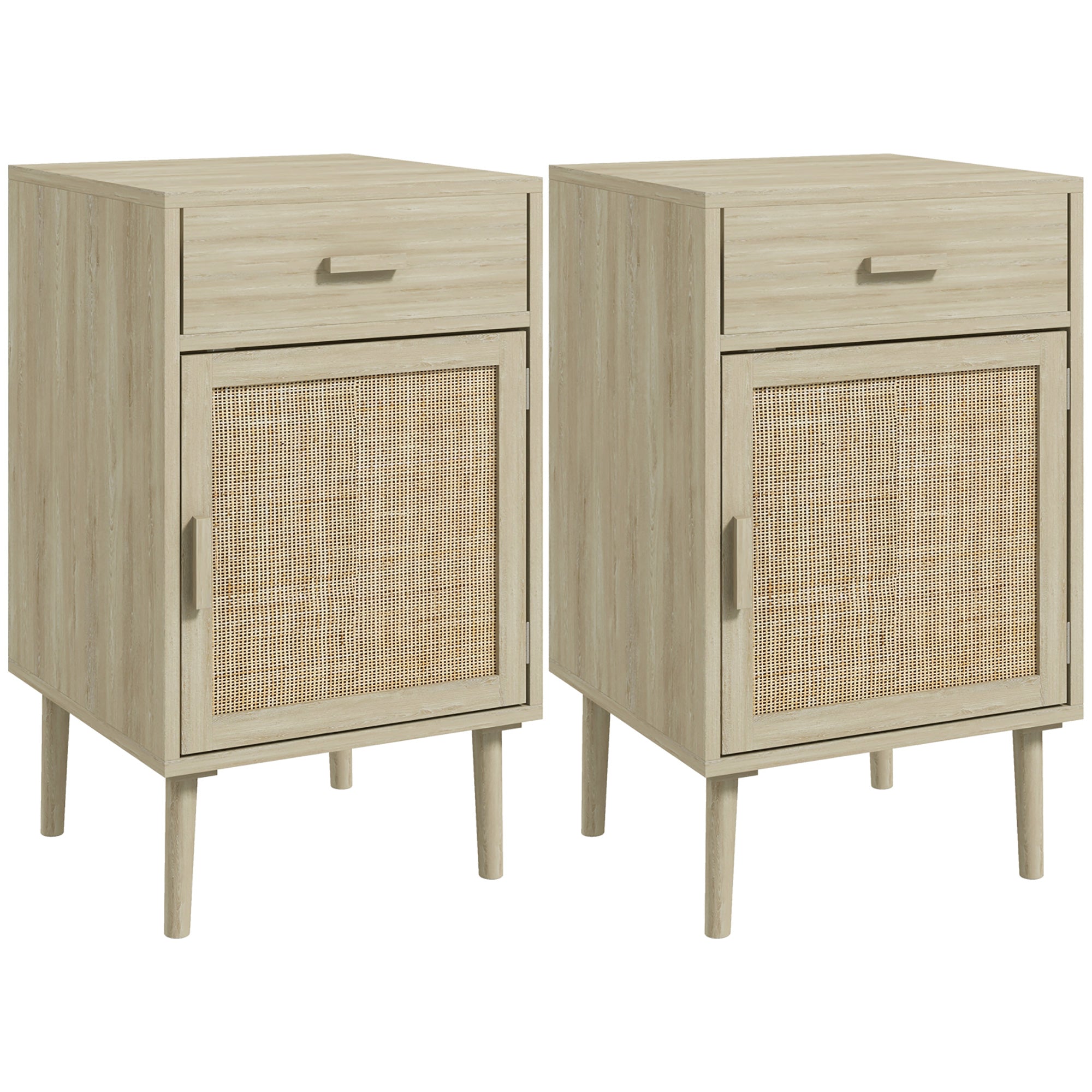 Set 2 Noptiere pentru Dormitor cu Sertar și Ușă din Ratan, Stil Boho, Culoare Lemn