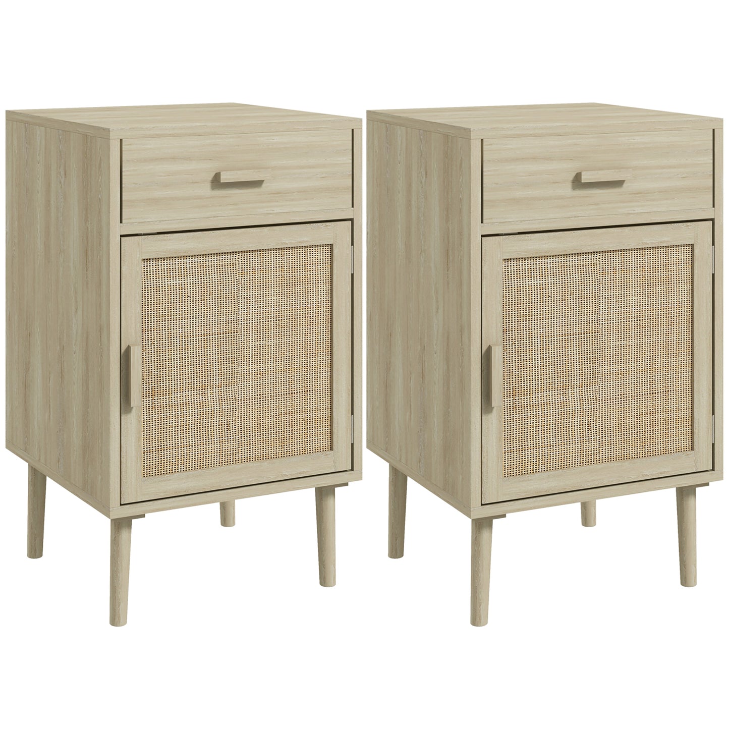 Set 2 Noptiere pentru Dormitor cu Sertar și Ușă din Ratan, Stil Boho, Culoare Lemn