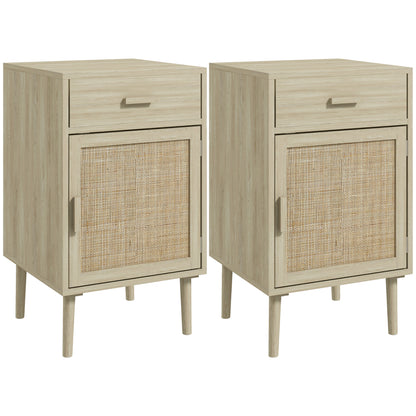 Set 2 Noptiere pentru Dormitor cu Sertar și Ușă din Ratan, Stil Boho, Culoare Lemn