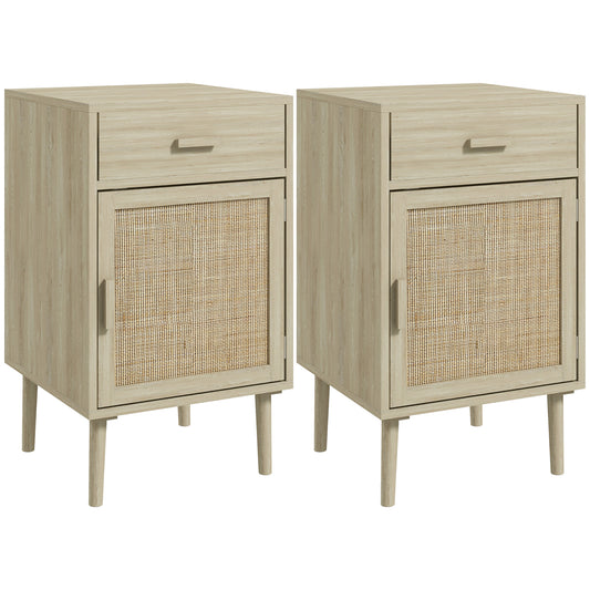 Set 2 Noptiere pentru Dormitor cu Sertar și Ușă din Ratan, Stil Boho, Culoare Lemn