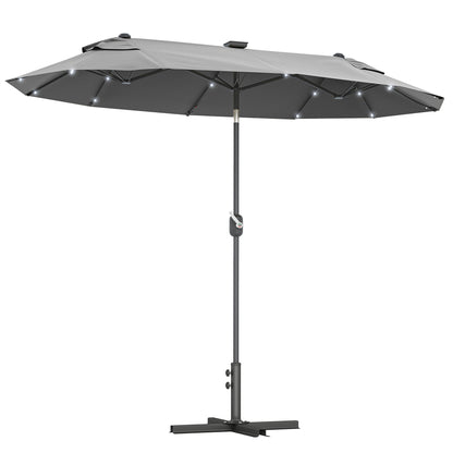 Umbrelă dublă cu bază în formă de cruce și lumini solare, 295x150x219cm, gri