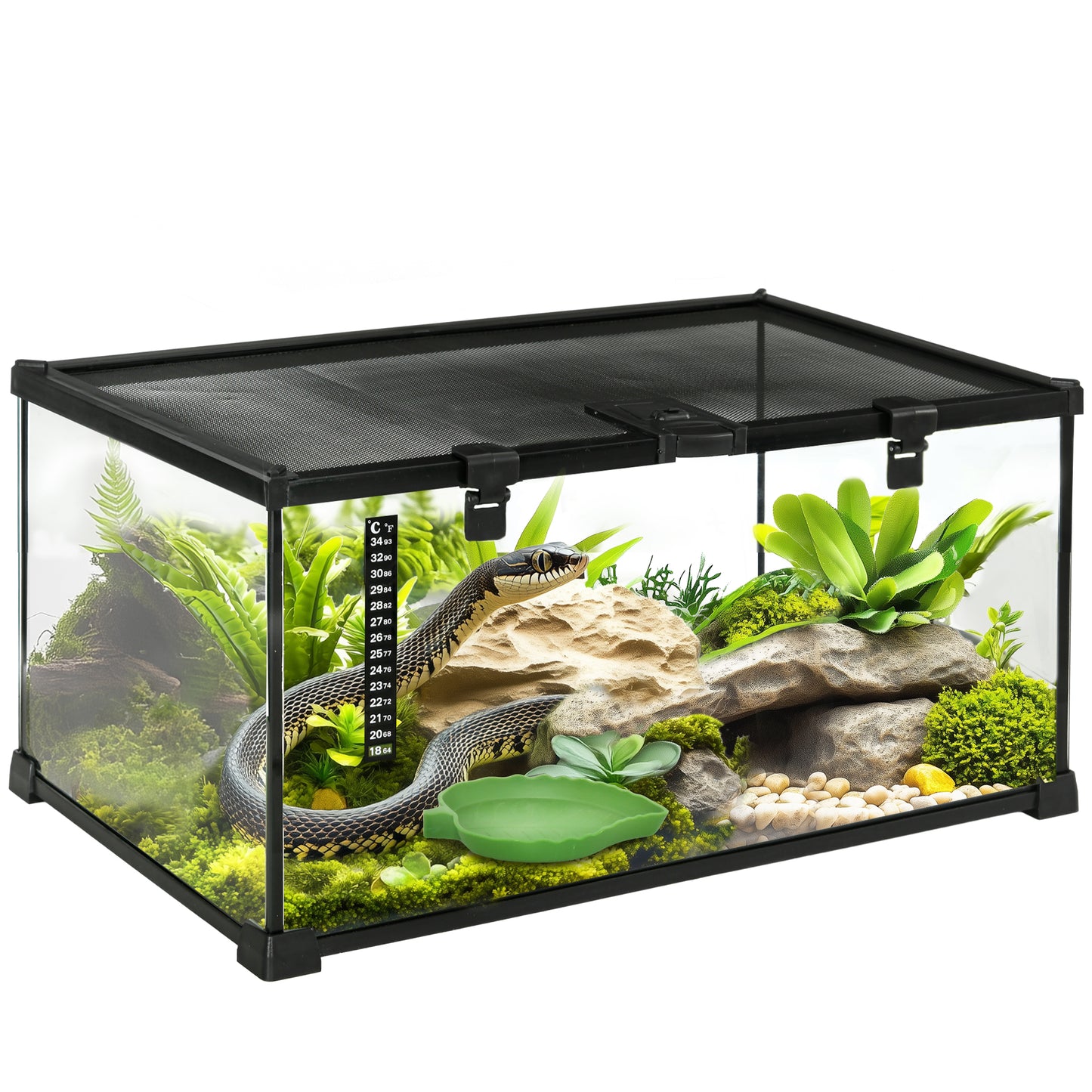 Terariu pentru Reptile Rialzato cu Serratura și Termometru, în Sticlă și Plasă Metalică, 50x30x25 cm, Negru