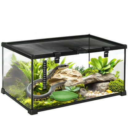 Terariu pentru Reptile Rialzato cu Serratura și Termometru, în Sticlă și Plasă Metalică, 50x30x25 cm, Negru