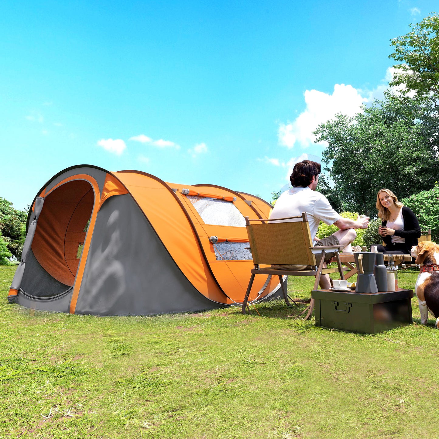 Cort de Camping Pop Up pentru 2 Persoane cu 2 Uși, 4 Ferestre și Înveliș Impermeabil, 263.5x220x123 cm, Verde