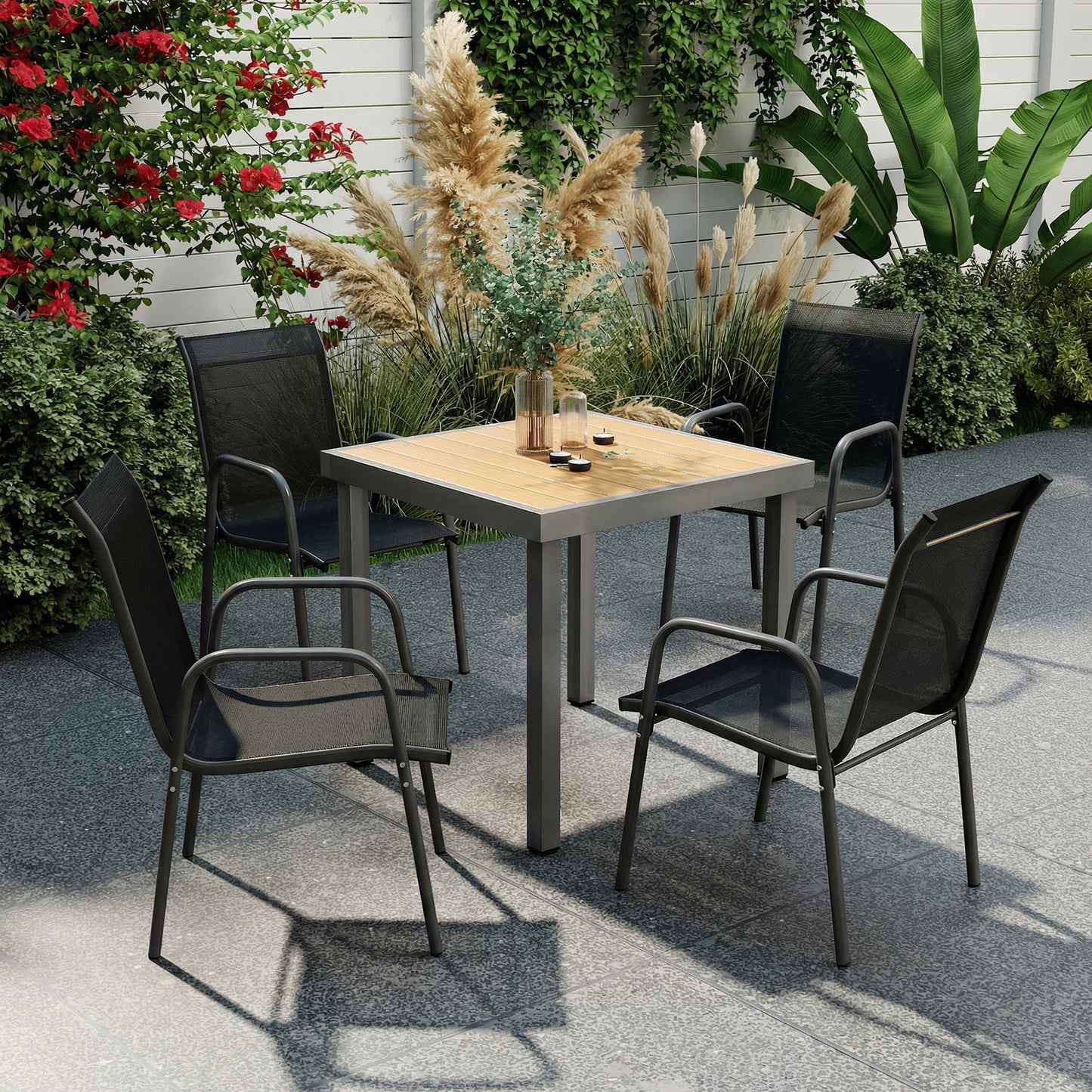 Set 4 Scaune Empilabile și Respirabile cu Spătar Înalt și Cotiere, din Metal și Poliester, 51L x 69P x 87Î cm, Negru