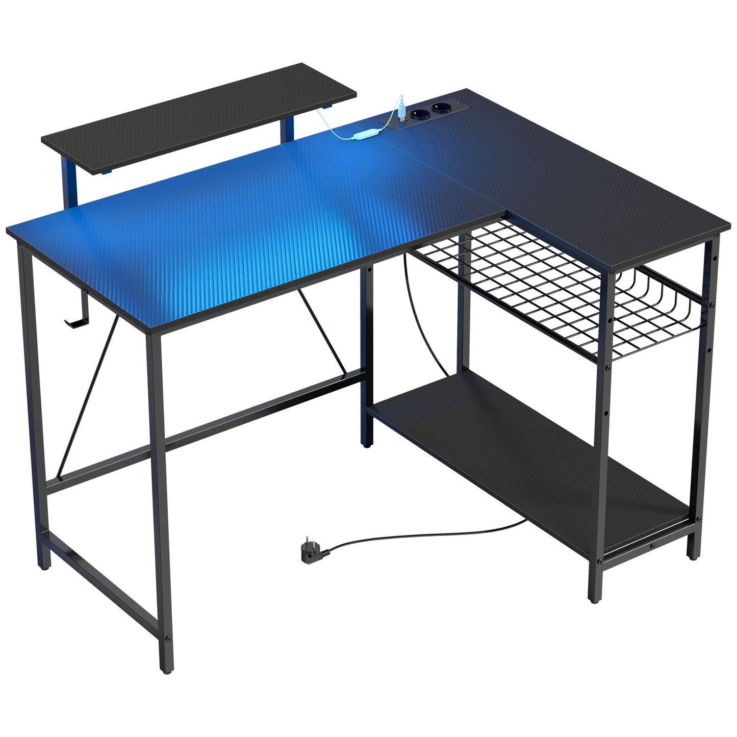 Birou Gaming Colțar cu LED, Prize Electrice, Suport pentru Monitor și Raft, Negru