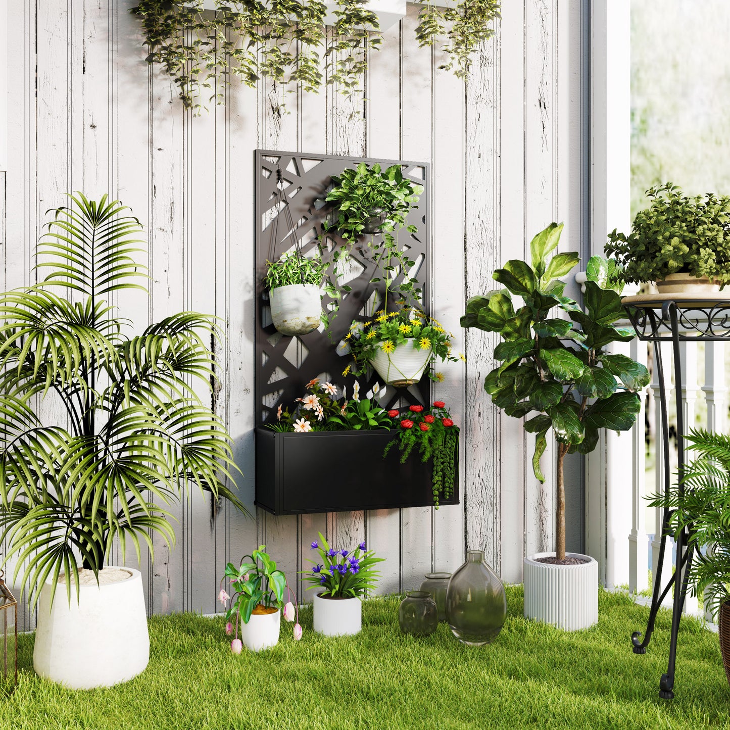 Jardinieră Ridicată cu Spalier Decorativ pentru Plante Cățărătoare, pentru Sol sau Perete, 61x23x113 cm, Negru