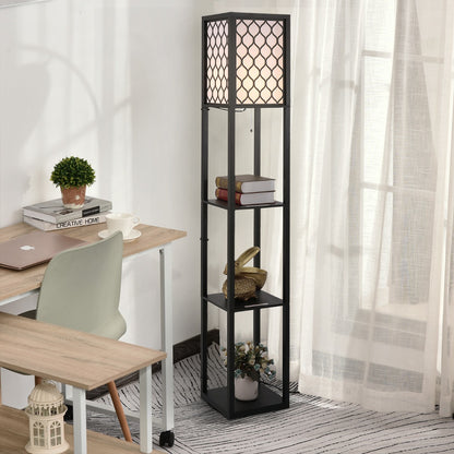 Lampă stand cu rafturi 3 niveluri, negru 26x26x160 cm, Iluminare caldă și rafturi pentru living sau birou