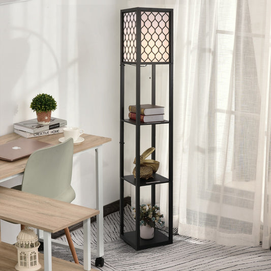 Lampă stand cu rafturi 3 niveluri, negru 26x26x160 cm, Iluminare caldă și rafturi pentru living sau birou
