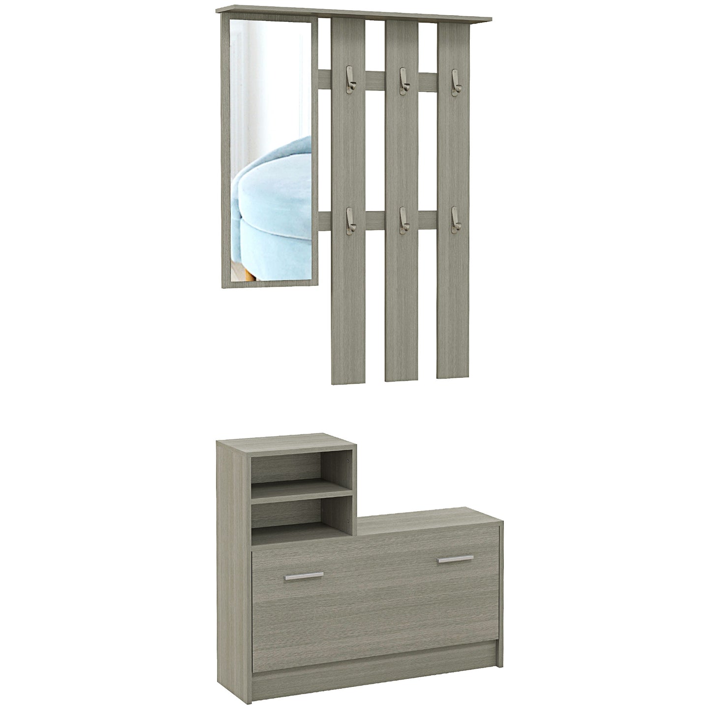 Set de mobilier pentru hol cu cuier, oglindă, bancă cu raft și dulap pentru 8 perechi de pantofi, gri