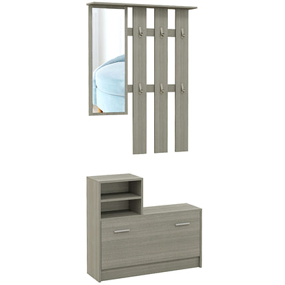 Set de mobilier pentru hol cu cuier, oglindă, bancă cu raft și dulap pentru 8 perechi de pantofi, gri