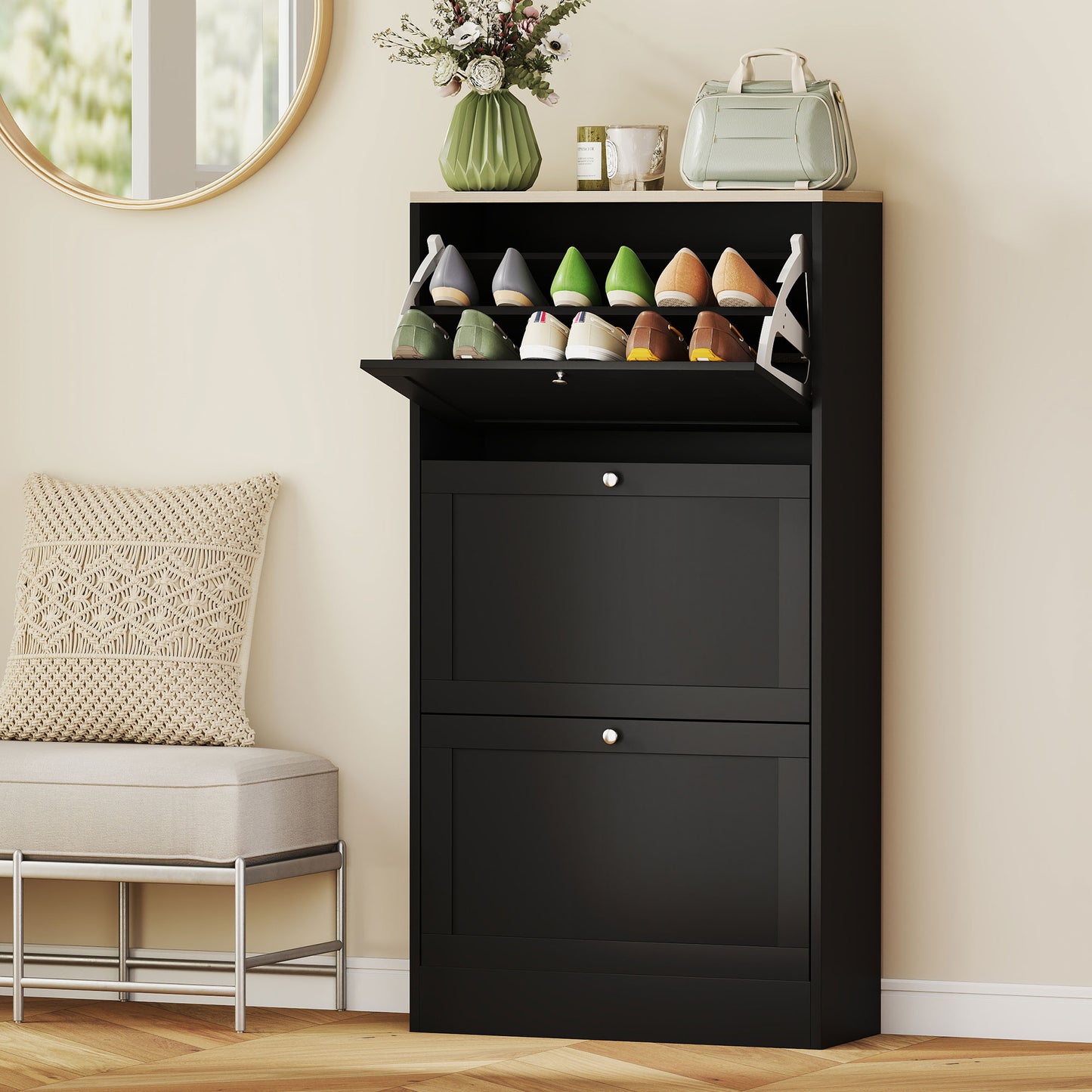 Dulap pentru pantofi economisitor de spațiu, cu 3 sertare și rafturi reglabile pe 2 niveluri, din lemn, 60x23,5x115 cm, negru