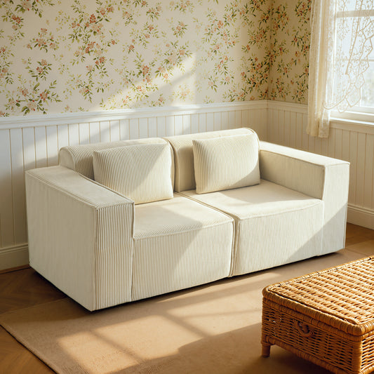 Canapea 3 Locuri Extra Adâncă 65 cm, Canapea Modulară Fără Cadru cu Perne Groase, Cotiere Largi și 2 Perne, Design Modern din Catifea cu Nervuri pentru Sufragerie, Bej