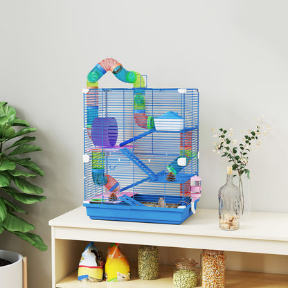 Cușcă pentru Hamsteri pe 5 Nivele cu Tuburi și Roată din Metal și Plastic Albastru