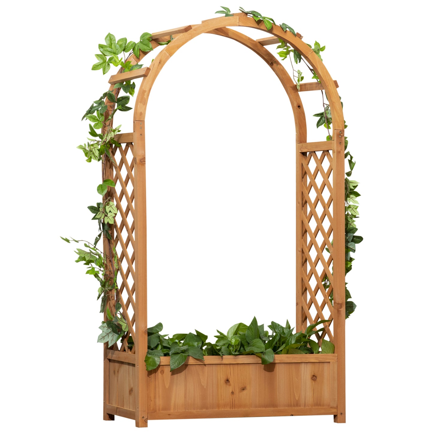 Jardiniera de Exterior din Lemn de Brad Maro cu Arc Decorativ si Grile pentru Plante Cataratoare, 83x36x152 cm