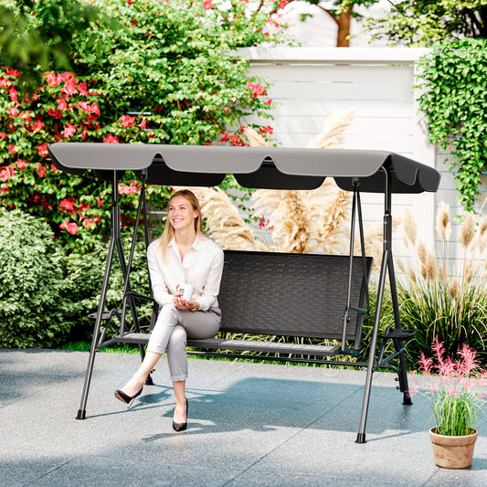 Balansoar de Grădină 3 Locuri din Ratan PE cu Acoperiș Reglabil și Suporturi pentru Pahare, Balansoar de Exterior cu Cadru din Oțel, Capacitate 320 kg, 204x112x150 cm, Gri