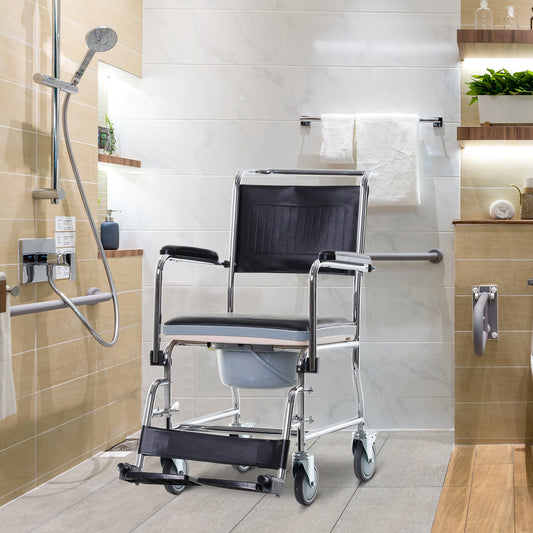 Scaun cu Roți Impermeabil cu WC și Olitǎ Detașabilă pentru Bătrâni și Persoane cu Handicap, Mobilitate și Confort