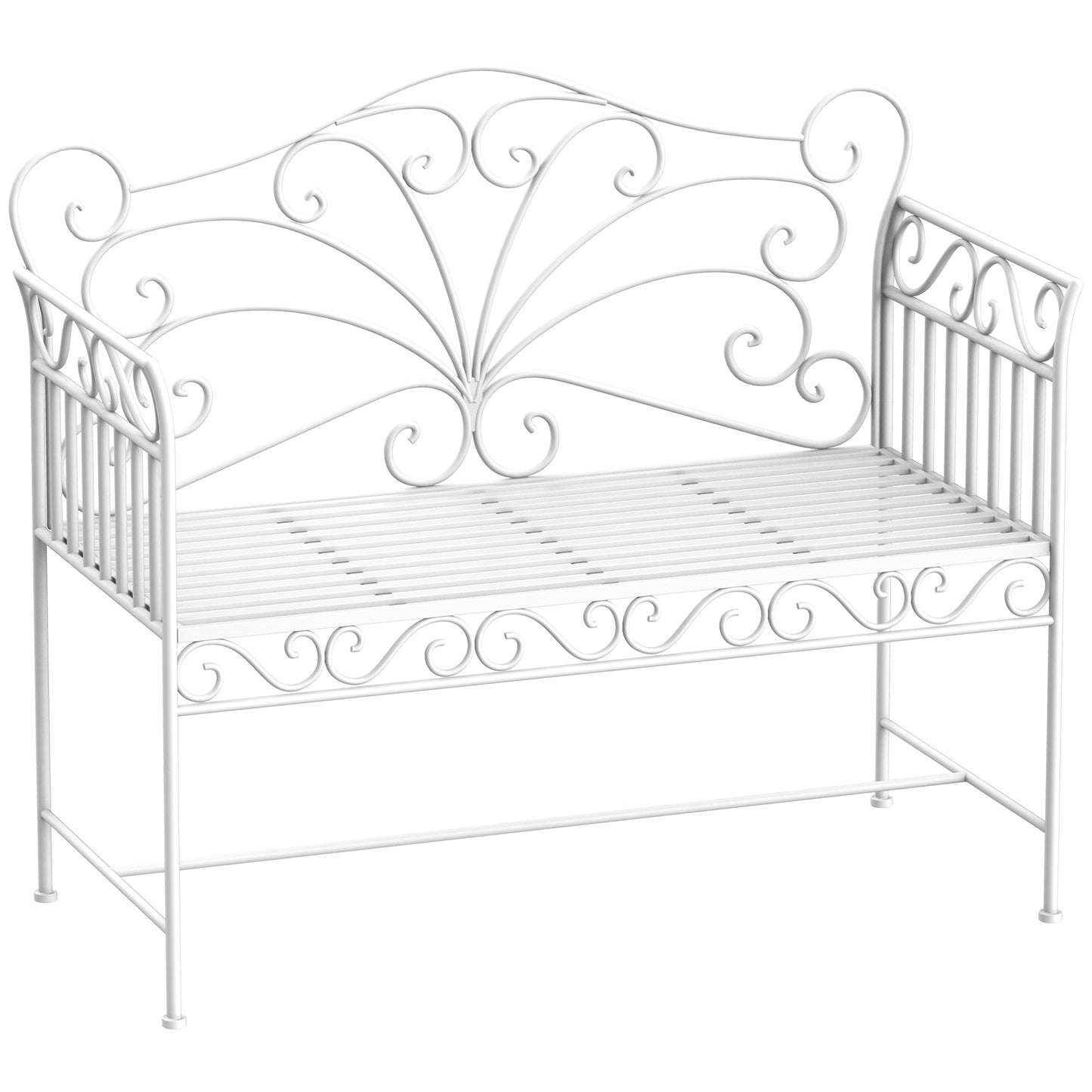 Bancă de Exterior cu 2 Locuri, Bancă de Grădină în Stil Romantic din Fier, 113,5x50x96 cm, Alb