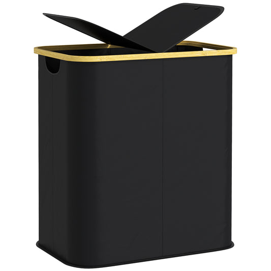 Coș pentru Rufe de 80L cu 2 Secțiuni și Capac din Material Textil și Bambus, 54x34x58,5 cm, Negru