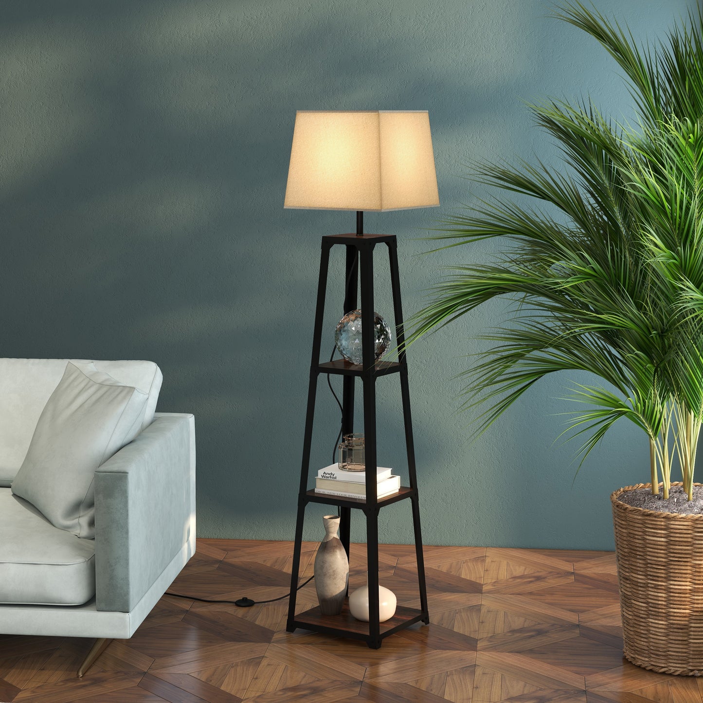 Lampă de Podea din Metal și MDF cu 3 Rafturi și Abajur din Material Textil, Ø42x166 cm, Negru și Bej